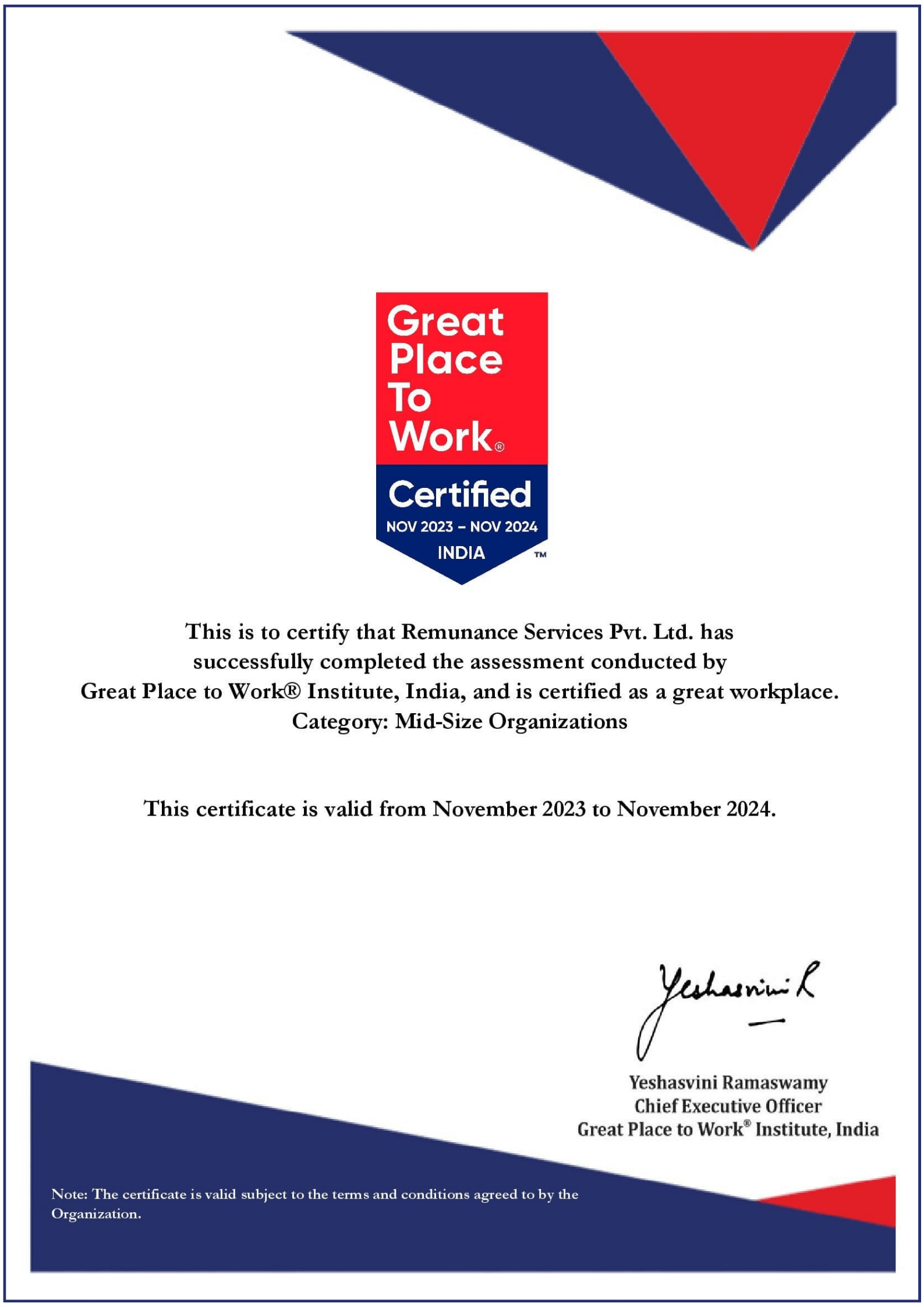 Remunance has been Officially Certified as a Great Place to Work®