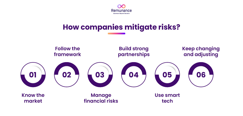 Infografía que muestra seis formas en que las empresas mitigan los riesgos: investigación de mercado, marcos de trabajo, asociaciones, finanzas, tecnología y adaptabilidad.