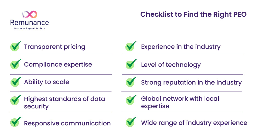 Checklist for choosing a PEO service provider with key evaluation factors for businesses